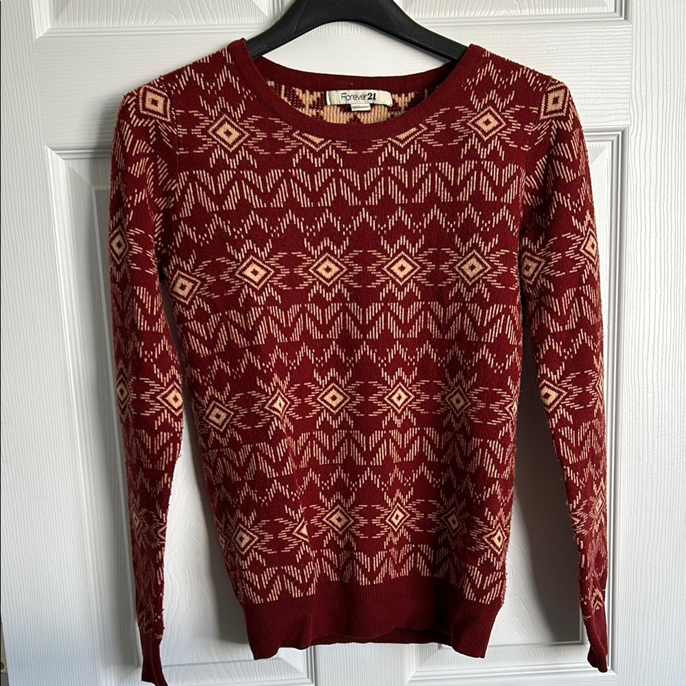 Forever 21 Red and Cream Thick Heavyweight Crew Neck Sweater Fair Isle Pattern